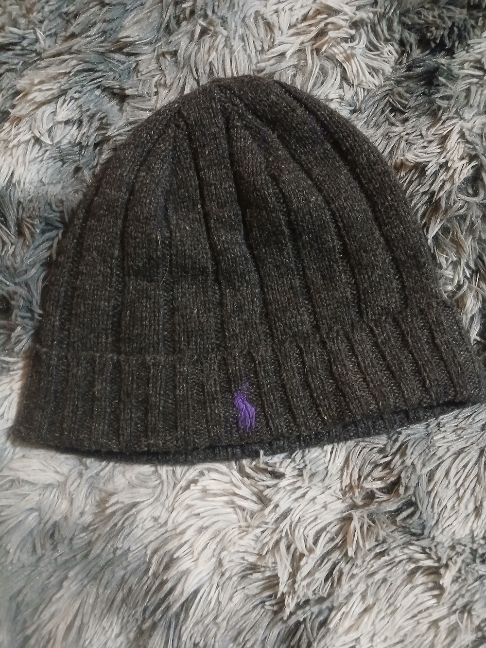 Polo by Ralph Lauren Men’s Dark Gray Rib Knit Beanie with Purple Logo